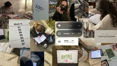 a collage of photos with people working on laptops and writing in notebooks