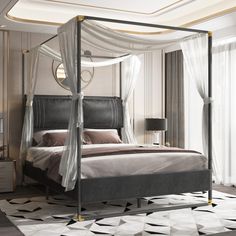 a bedroom with a four poster bed and white drapes