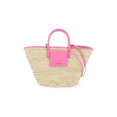 Neon pink Le panier Soli basket bag by Jacquemus crafted in handwoven straw with contrasting leather details. Front leather flat pocket enriched with metal lettering logo. Carriable by hand with the two tubular top handles with snap button-tab or on the shoulder with the two longer straps. Unlined. Gold-finished metalware. Metal Lettering, Makeup Travel Case, Woven Handbags, Lettering Logo, Pink Brand, Basket Bag, Beauty Accessories, Travel Case, Leather Flats