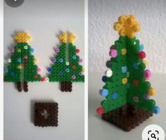 two pictures of christmas trees made out of legos, one is green and the other is brown