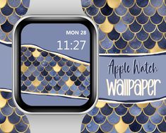 an apple watch with blue and gold fish scales on the cover, next to it's screen