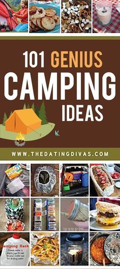 the cover of 101 genius camping ideas, with pictures of food and drinks on it