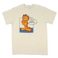 Showcase your love for the classic, sardonic humor of Garfield with this men's short sleeve t-shirt. Made from 100% cotton, this distressed cream-colored shirt offers a comfortable and vintage look. The graphic features Garfield in a comic panel, arms folded with his amazing grumpy expression, and the relatable saying "I hate Mondays." great for casual wear or as a nostalgic piece for comic strip fans, this t-shirt captures the essence of everyone's favorite lazy cat. Sardonic Humor, Garfield The Cat, Comic Panel, I Hate Mondays, Hate Mondays, Man Of The House, Target Clothes, Lazy Cat, Sewing Party