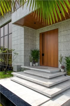 an entrance to a house with steps leading up to the door and planters on either side