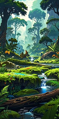 a painting of a jungle scene with water and trees in the foreground, surrounded by lush green foliage