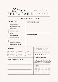 the daily self care checklist is shown in black and white