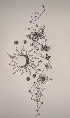 a drawing of sunflowers and butterflies on a white paper