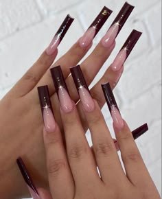 Long Nail Ideas French Tip, Long Nail Designs Square Ideas, Acrylic Nail Designs Glam, Burgundy Acrylic Nails Design, Fall Long Nail Designs, Pluto Nails, Medium Long Nails Ideas, Long Square Acrylic Nails Pink, Birthday Nails Extra