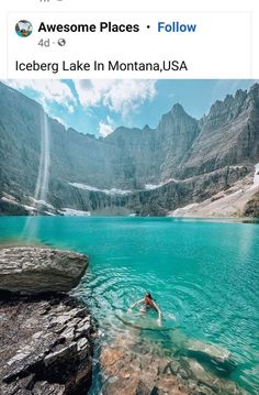 a person swimming in a lake with mountains in the background and an instagram post about them