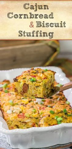 a casserole dish filled with cornbread and biscuit stuffing on a white plate