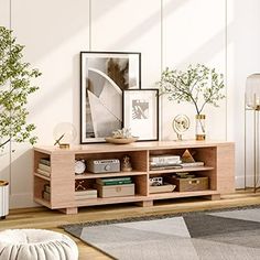 a living room scene with focus on the entertainment center and plants in vases against the wall