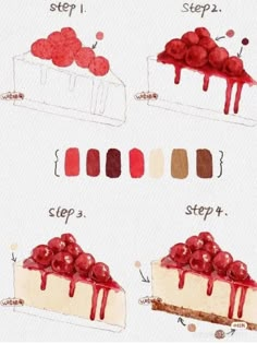 the steps in how to make a cheesecake with chocolate and cherries on top