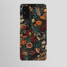 a phone case with an image of flowers and leaves on the front, in various colors