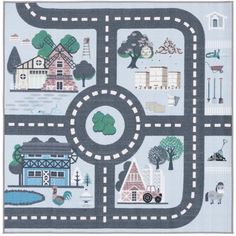 a child's play rug with cars, houses and trees on the road in blue