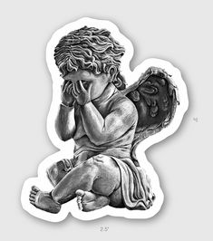 a sticker depicting an angel sitting on the ground with his hands to his face