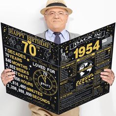 an older man is reading a newspaper with his years printed on the front and back