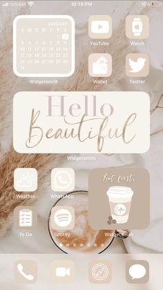 an iphone screen with the text hello beautiful on it, and icons for different things to see