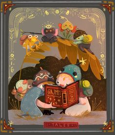 an image of children reading a book in front of birds on a tree branch and another bird sitting on top of the book