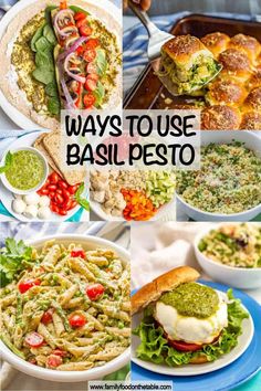 several different types of food with the words ways to use basil pesto on them