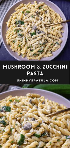 mushroom and zucchini pasta with spinach in a white bowl