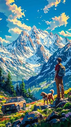 a painting of a man and two dogs on a mountain with mountains in the background