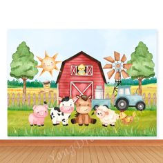 a farm scene with animals and a red barn wall mural on a wooden floor in front of a window