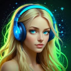 a girl with headphones on her ears looking at the stars in the night sky