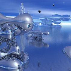 an image of some ice like structures in the water with planets and stars around them