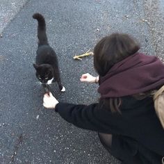 a woman kneeling down next to a black and white cat on the street with her hand out