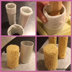 four pictures showing different stages of making vases with rice krispy treats in them