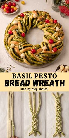 an image of bread wreaths on display with the words basil pesto bread wreath step - by - step photos