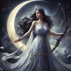 a woman dressed in white holding a bow and arrow with the moon behind her,