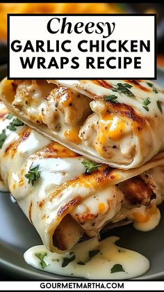 These cheesy garlic chicken wraps are the perfect quick and tasty meal, packed with flavor from juicy chicken, melted cheese, and a hint of garlic. Ready in minutes, they're ideal for lunch, dinner, or a snack. Make this dish tonight – grab the recipe! #chickenrecipe #easymeals #garlicchicken #cheesychicken #quickdinner #easywraps #mealprep #weeknightdinner #deliciousrecipes #comfortfood Garlic Chicken Wrap Recipes, Best Wraps For Dinner, Yummy Lunch Ideas At Home, Things To Make With Shredded Chicken, Cheesy Garlic Chicken Wraps, Chicken Wraps Easy, Cheesy Garlic Chicken, Easy Chicken Wrap, Cheesey Chicken