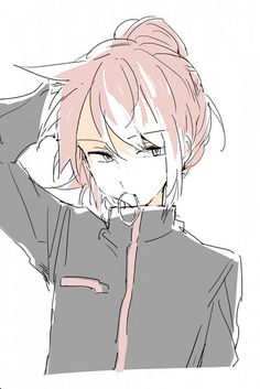 an anime character with pink hair and white eyes wearing a gray shirt, holding his hands behind his head