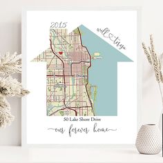 a white framed print with a map of the city of lake shore drive and its name