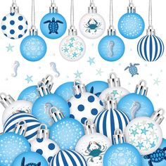 blue and white christmas ornaments hanging from strings