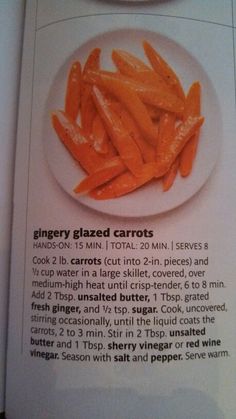 a recipe book with instructions for how to cook carrots on a plate and in the background