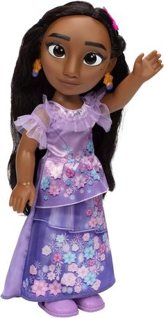 the doll is wearing a purple dress and has her hands out to shake it's hair