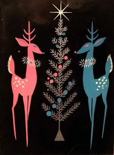 three deer standing next to each other in front of a christmas tree with snowflakes on it