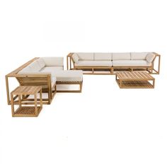 an outdoor furniture set with white cushions and wooden frame, on a white background for display