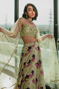 Lime green printed lehenga featuring 3D flowers, cutdana, crystals, floral embroidery. Paired with a printed lehenga. Comes with a pearl embellished dupatta. - Aza Fashions Lime Green Lehenga, Printed Lehenga, Green Lehenga, Flower Embellishments, Lehenga Blouse, 3d Flowers, Fashion App, Set For Women, Aza Fashion