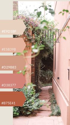 an alley way with plants and flowers on the wall, in shades of red, pink, orange, green