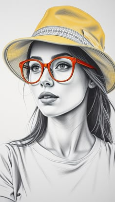 a drawing of a woman wearing glasses and a yellow hat with red rimmed glasses