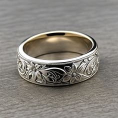 wedding-ring-with-engraved-floral-pattern-all-over (1) Mens Gold Band, Mens Bracelet Gold Jewelry, Couple Ring Design, Mens Engagement, Mens Gold Bracelets, Gold Ring Designs, Silver Jewelry Design, Luxury Rings, Gold Necklace Designs