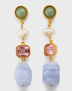 Ben-Amun 24k Electroplated Gold Mixed-Stone Drop Earrings Ben Amun Earrings, Charm Necklace Diy, Natural Stone Earrings, Stone Dangle Earrings, Earrings Inspiration, Crystal Blue, Blue Lace Agate, Fine Jewelry Designers