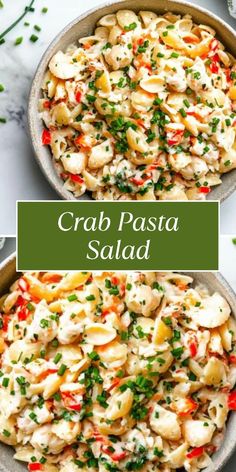 two bowls filled with pasta salad and the words crab pasta salad in green overlay