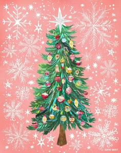 a christmas tree on a pink background with snowflakes