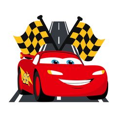 a cartoon car with checkered flags on top