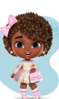 a cartoon girl with curly hair holding a purse and wearing pink boots, standing in front of a blue background