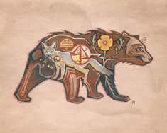 a drawing of a bear with other animals on it's back and some flowers